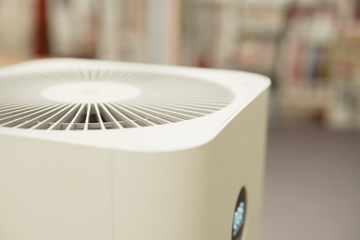 Closeup DOF of indoor air purifier in bedroom, air pollution PM